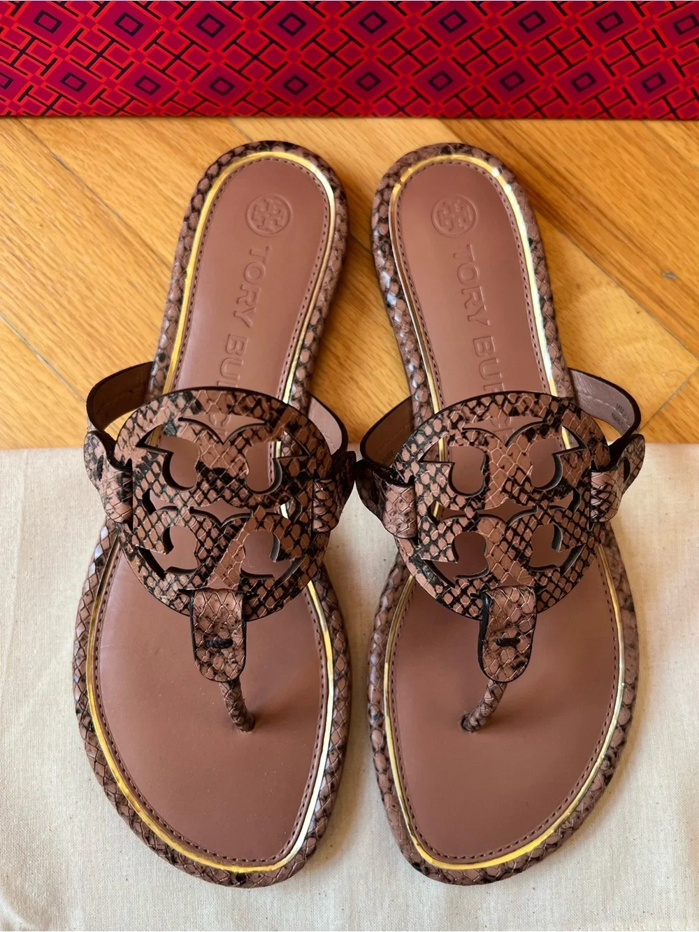 Tory Burch Brown Black Desert Roccia Stamped Snake Printed Leather Miller Sandal